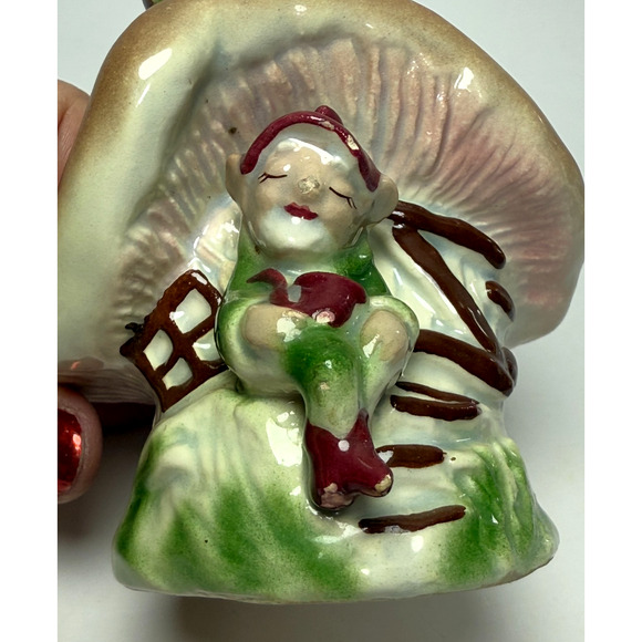 Vintage Pixie Elf Pipe Sitting Under Mushroom House Pottery Planter MCM Kitsch - Picture 5 of 9